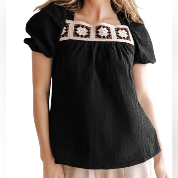 Tops - Black Flower Crochet Square Neck Women's Top